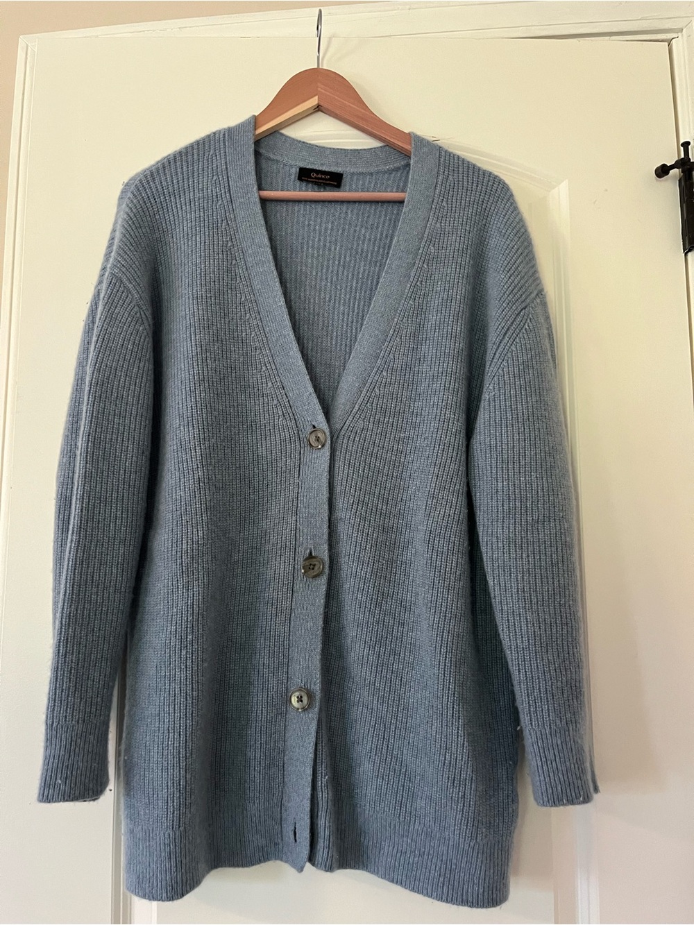 Quince Faded Denim V-Neck Mongolian Cashmere Cardigan